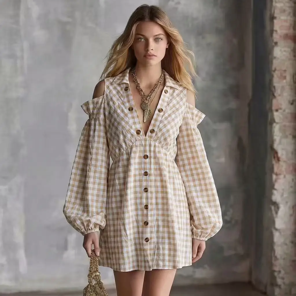Vestido corto de mujer con hombros descubiertos, a cuadros vichy, manga larga estilo camisa, vestido casual para vacaciones y ropa de calle.
