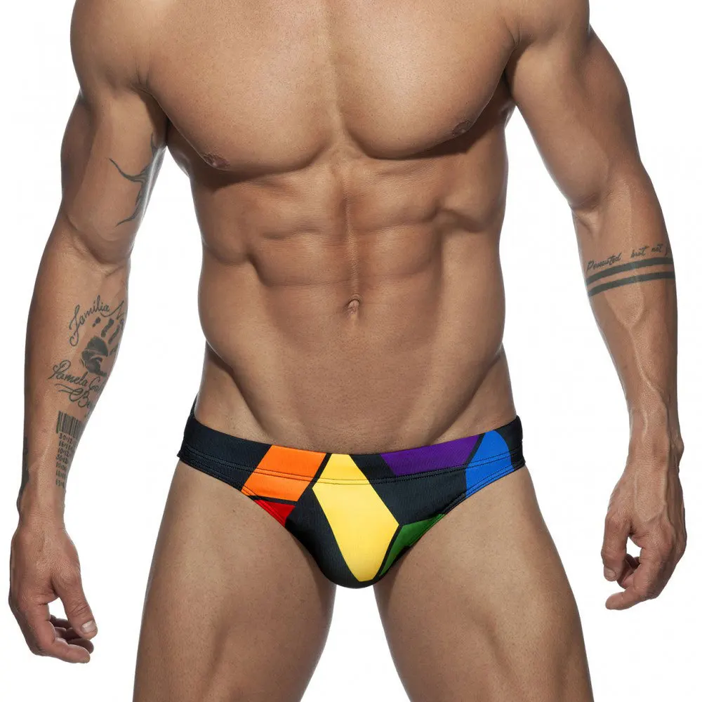 Swimwear Men Sexy Rainbow Letter Printed Low Waist Swim Briefs Swimsuit Gay Beach Trunks Shorts Male With Removable Pack-Up Pad