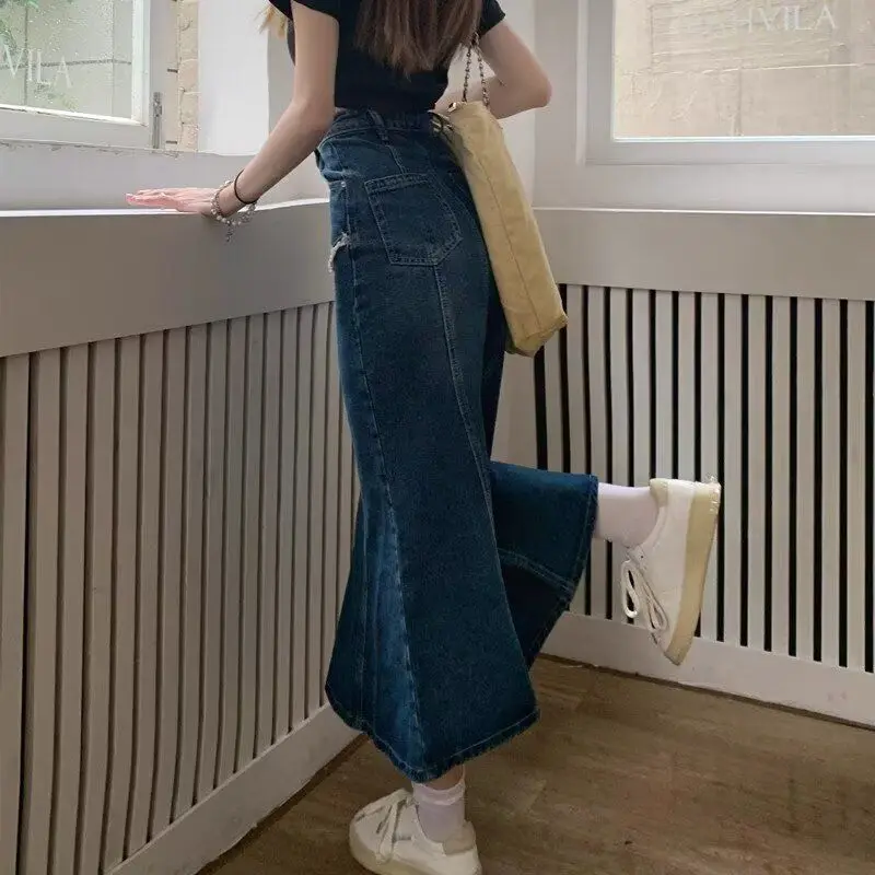 

Ретро джинсовая юбка с высокой талией, синяя, женская, весна-осень 2026, приталенная, средней длины, А-силуэт, с необработанным краем