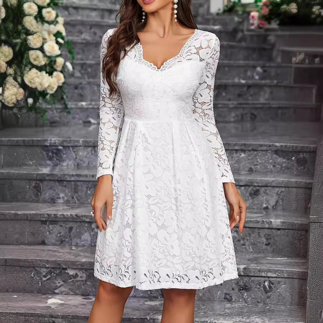 

Women Lace Dress Summer V-neck Elegant Solid Color Cut-out Long Sleeve Simple Slim A-line Flowing Skirt Fashion Banquet Party