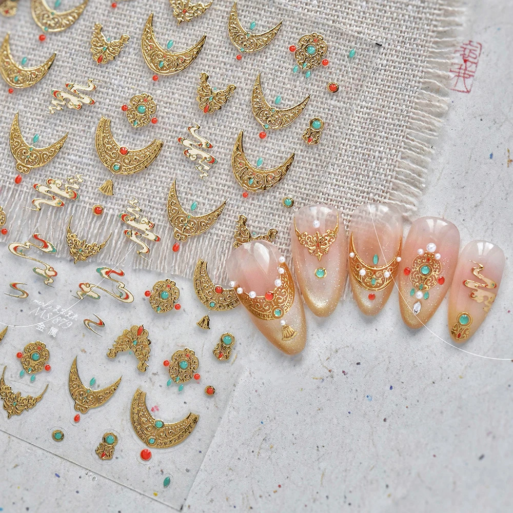 1pc Gold Filigree Moon/Auspicious Clouds Nail Stickers Chinese-Inspired French Tip Nail Decals Turquoise Princess DIY Manicure *