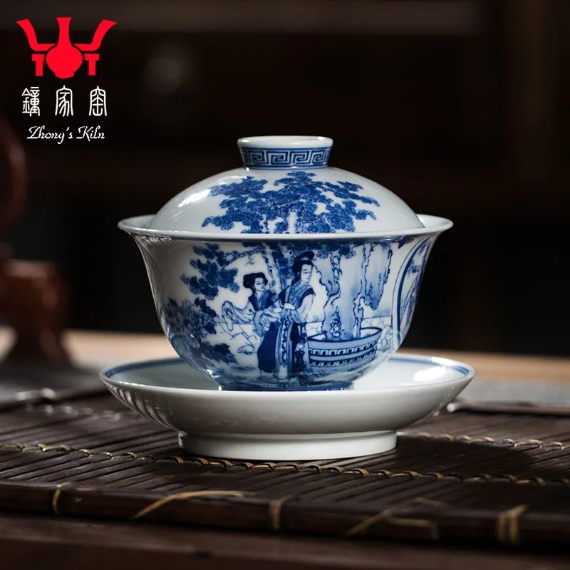 

Zhongjia Kiln Firewood Kiln Blue and White Porcelain Tureen Hand Painted Classic Western Chamber Kombucha Tea Brewing Bowl Sanca