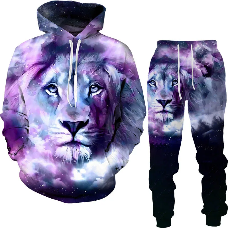 Men\'s Cool Lion 3D Print Tracksuit Sets Casual Hoodie+Pants 2pcs Sets Oversized Sweatshirt Trend Streetwear Fashion Men Clothing