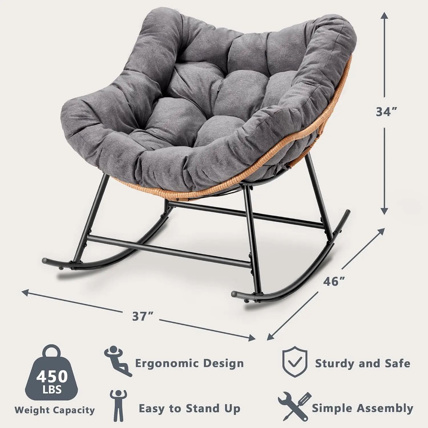 Outdoor Rattan Egg Rocking Chair with Thick Cushion & Straps, 450lbs Rocker for Garden, Backyard, Balcony, Bedroom, Customized