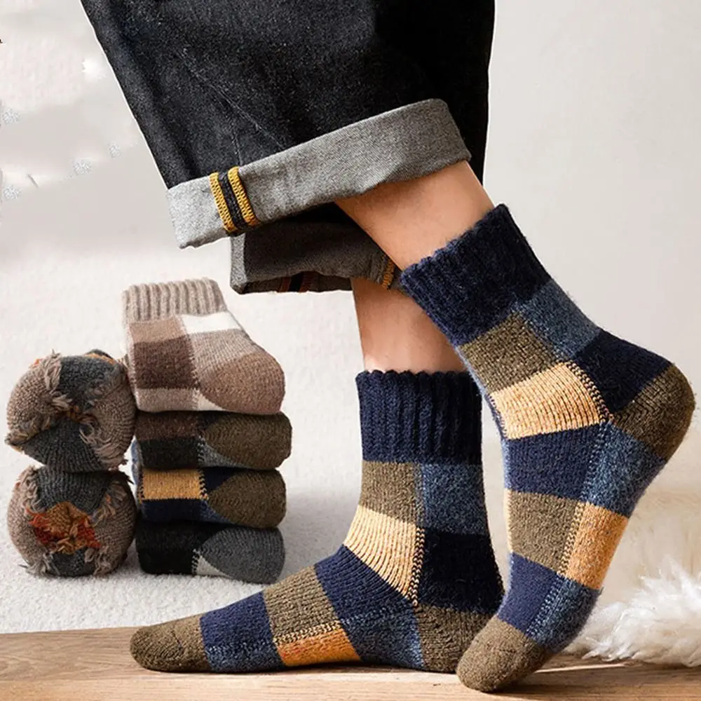 Vintage Lattice Wool Socks Men Winter Thicked Warm Plush Socks Middle Tube Socks Casual Towel Socks Male Hosiery