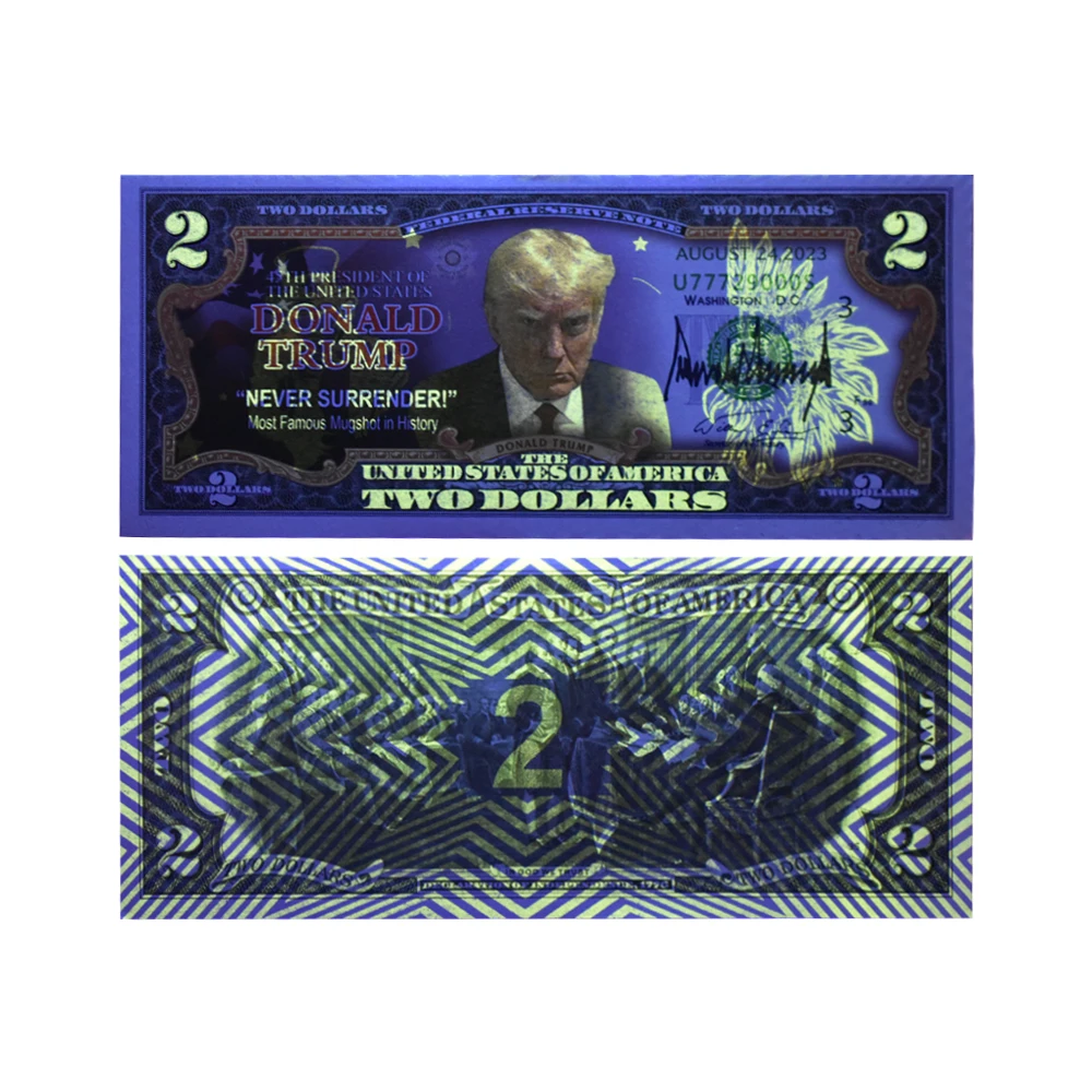 US President Donald Trump Banknote Imentations, Surrounding Head Shot, Two Dollars Paper Money with UV and Serial Number Gifts