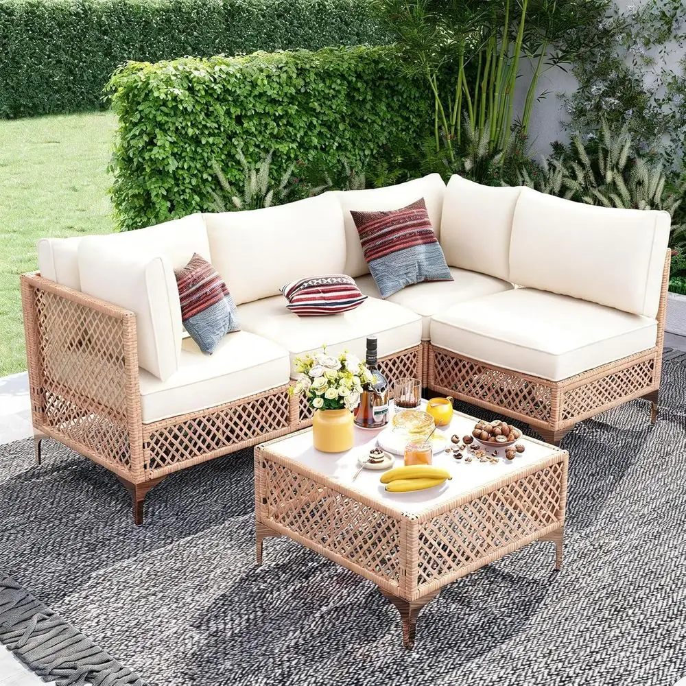 

5-Piece Wicker Patio Sectional Set with Large Tempered Glass Coffee Table and Waterproof Cushions