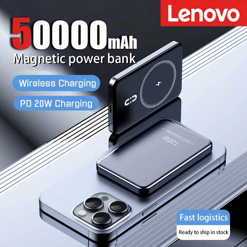 

Lenovo Magnetic Power Bank 50000mAh Large Capacity 120W Wireless Fast Charger Portable Battery for iPhone Samsung Xiaomi Gift