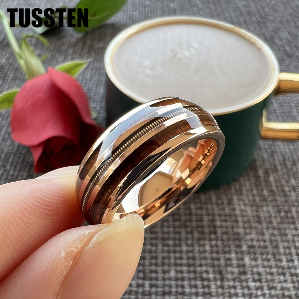 TUSSTEN 8MM Rose Gold Color Guitar String Ring Men Women Tungsten Wedding Band Real Wood Inlay Fashion Marry Jewelry