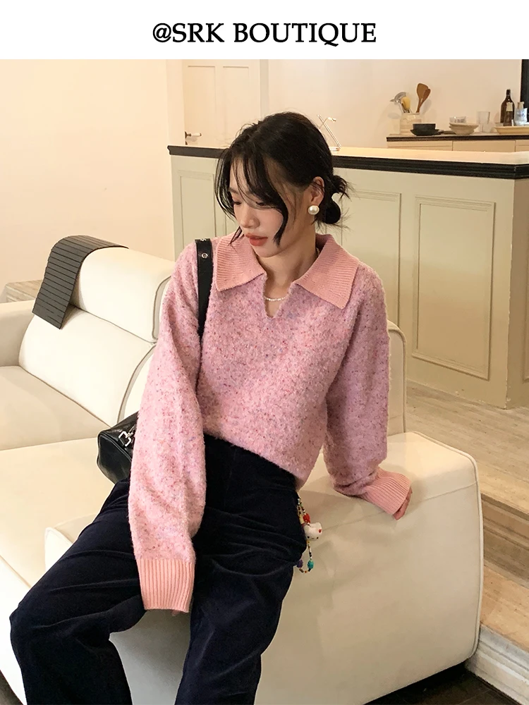 

SRK повседневный розовый свитер женский с отложным воротником ленивый сле осень-зима свободная футболка с v-образным вырезом длинная све