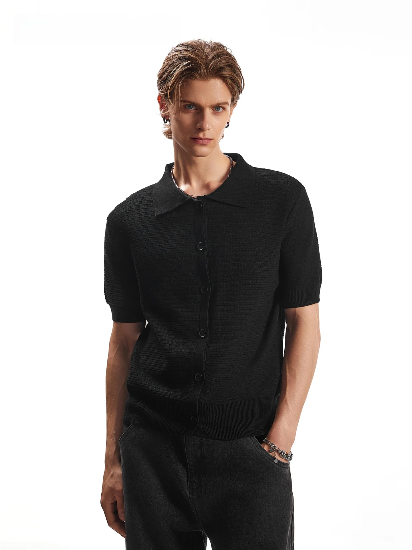 

SDMADE Knitted Short Sleeve Open Cardigan Cleanfit Collar Shirt Men Women Summer Vintage Breathable Cotton High Elasticity