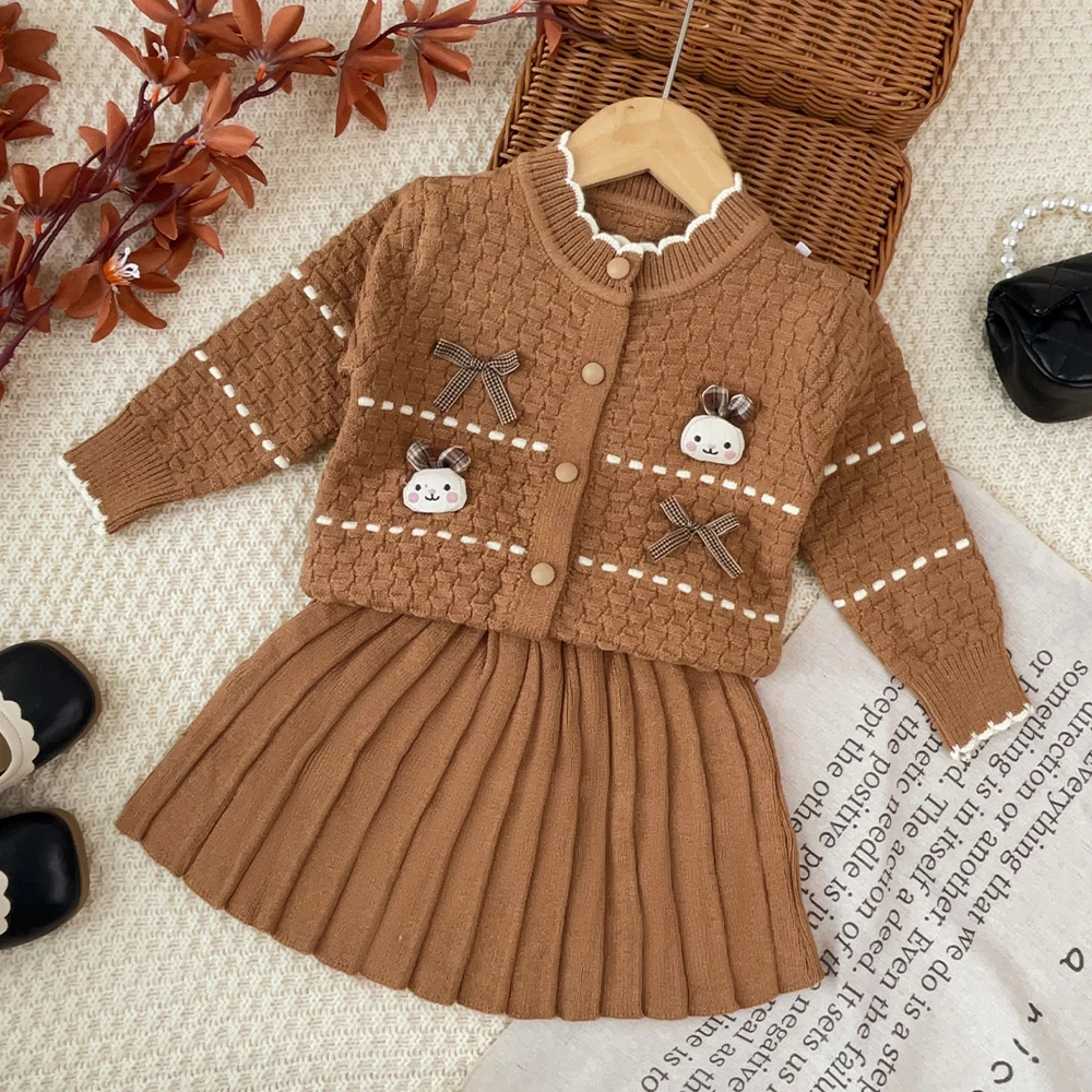 Autumn and Winter Knitted Sweater Children's Two Piece Set College Style Cartoon Rabbit Bow Cardigan and Skirt Girls' Clothing