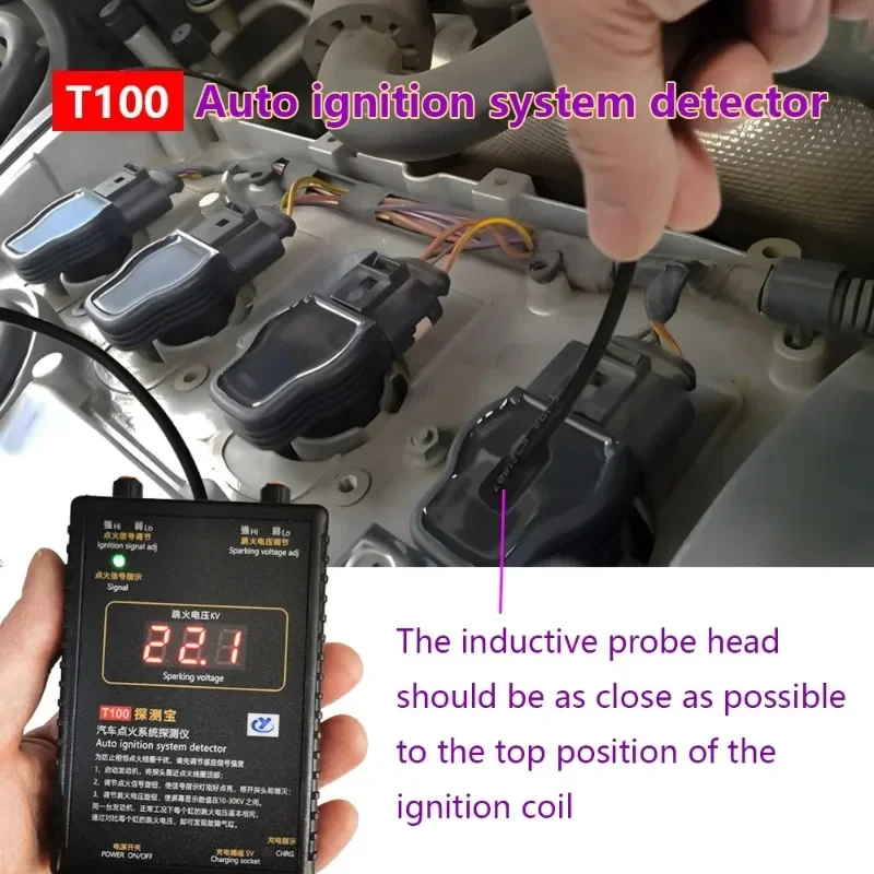 LINGXUN T100 Auto Ignition System Detector for 12V 24V Ignition System to Test Ignition Signal and Spark Voltage