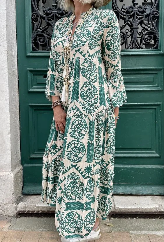 Autumn New Geometric Print Dress Elegant  Generous V-neck Street Style Loose Bohemian Women's Fake Long A-line Dress