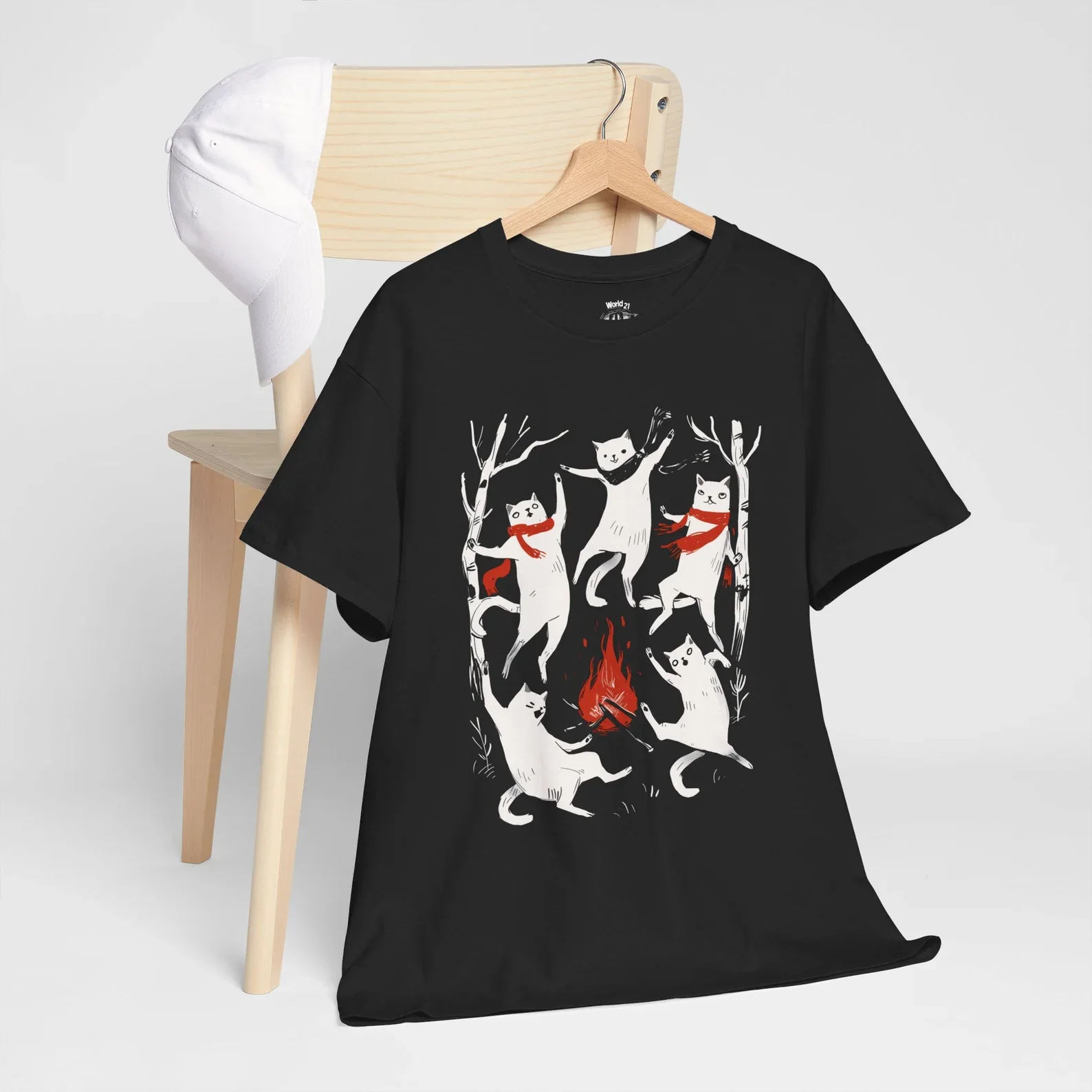 Retro Dancing Cats Around Campfire T Shirt Cool Cat Forest Design Short-sleeved Tee Casual Versatile Outdoor Top for Women  Men