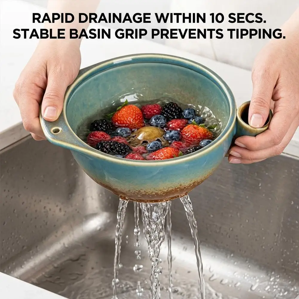 Ceramic Berry Rinse Bowl with Drainage Fruit Washer Spinner Self-spinning Dynamic Vortex Fruit Cleaning Bowl For Kitchen