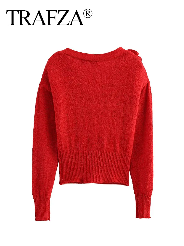 Trafza outono camisola casacos mulher na moda vermelho com decote em v mangas compridas apliques decorar único breasted cardigan feminino topo de malha