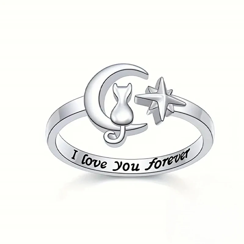 Huitan 925 anelli di apertura in argento Sterling Unique Moon Star Cute Cat Design anelli da dito per le donne gioielli d\'amore romantico miglior