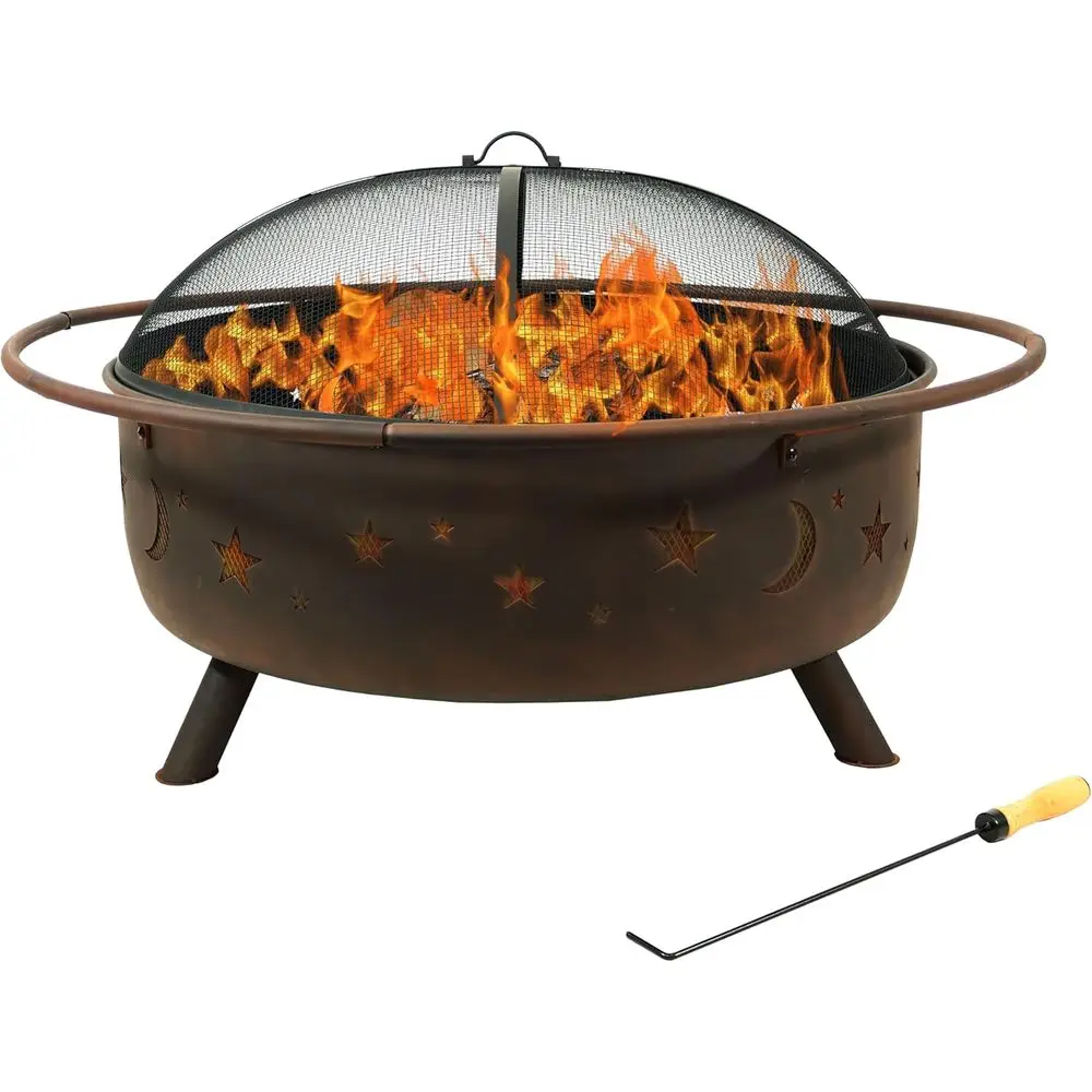 

42-Inch Round Outdoor Wood-Burning Fire Pit with Spark Screen, Poker, and Built-in Grate
