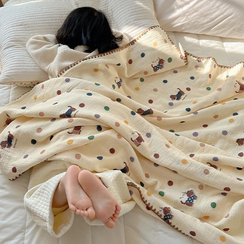 Korean Pure Cotton Multi-Purpose Blanket Cartoon Casual Shawl for Travel Airplane Kids Adults Air Conditioning Blanket for Home