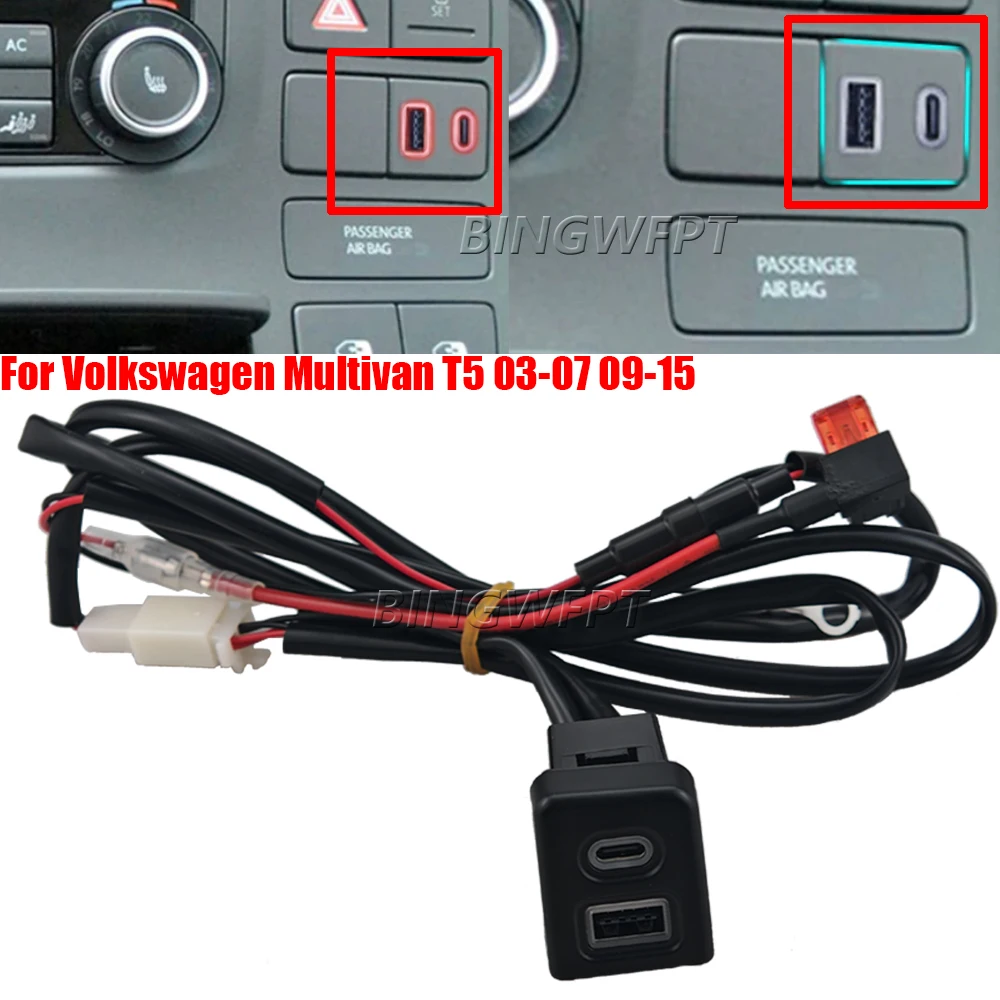 New For Volkswagen Multivan T5 2003-2007 2009-2015 Red LED Car Quick Charger TYPE-C PD QC3.0 USB Socket Adapter With Fuse