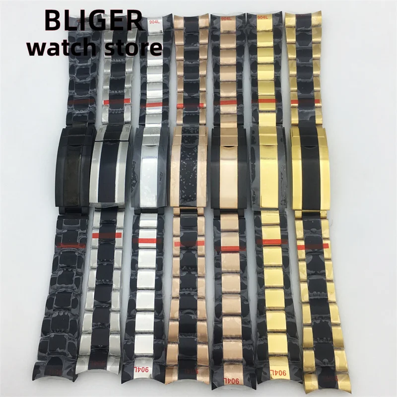 BLIGER 20mm Stainless Steel Strap PVD Black Strap Folding Slide Locking Latch Fits 36mm 39mm 40mm watch case