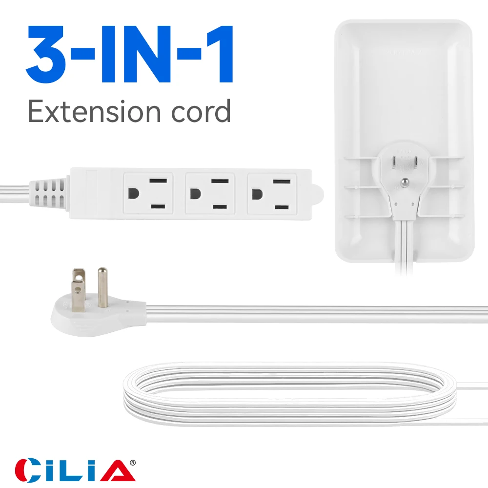 3 FT Extension Cord Power Strip with 3 AC Outlet 3 Prong Plug Extender, Cover Plate, Wire Splitter 16AWG, Standard Grounding, UL