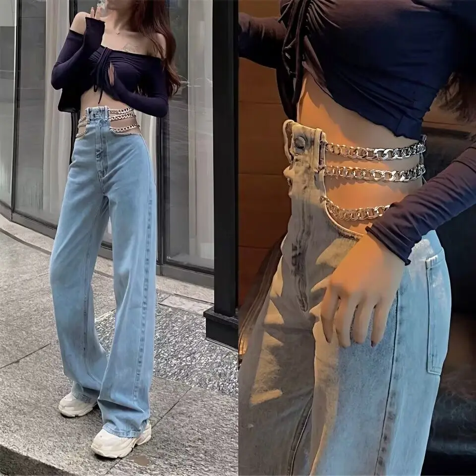 Sexy Hollow Out Chain Streetwear Jeans 2025 Women Summer Autumn High Waist Loose Harajuku Straight Denim Pants Korean Y2K Jeans
