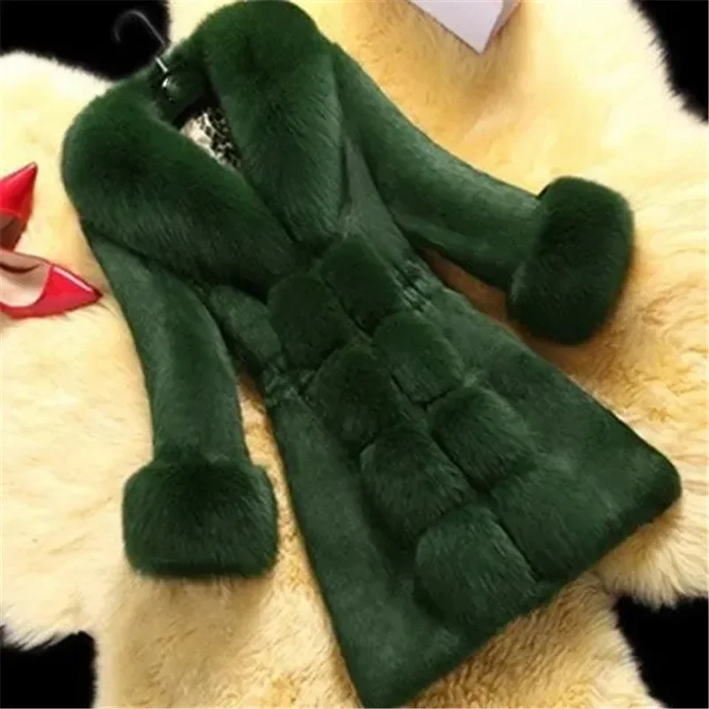 Vintage 2024 New Autumn Winter Female Mid-Long Fleece Overcoat Faux Fur Fox Fur Collar Mink Fur Coat Thicken Elegant