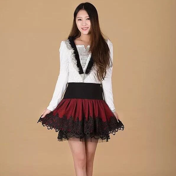 2021 New Boutique High Waist and Thin Women's Pompous Lace Short Skirt Elastic A-line Skirt Girl Red