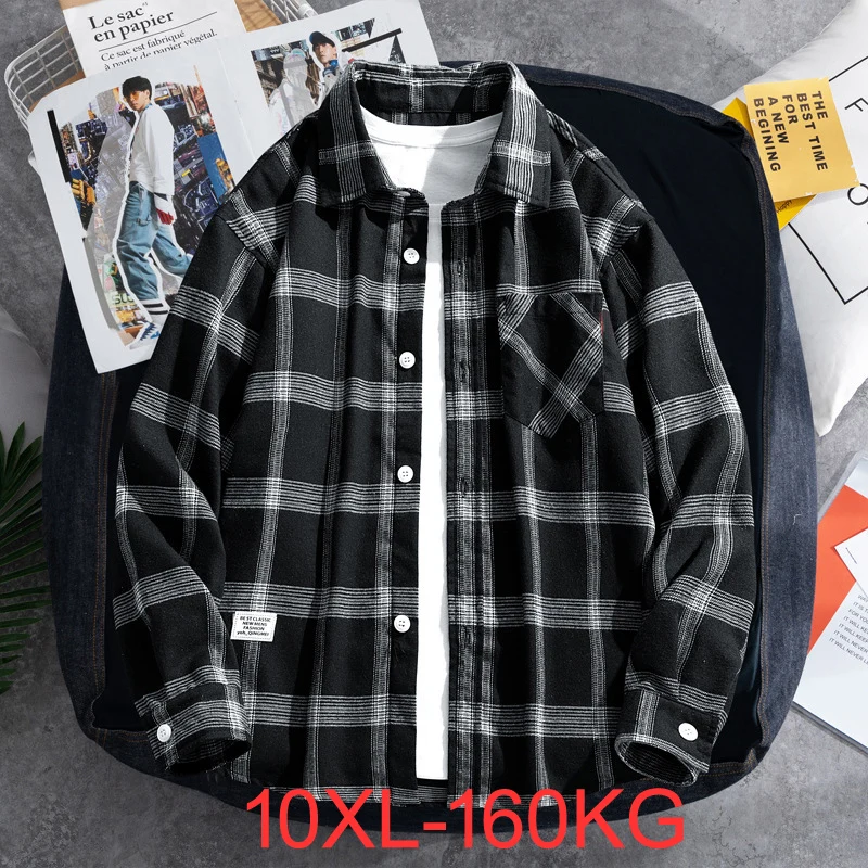 Spring Autumn Checkered Men Long sleeved Loose Japanese Style Shirt Trendy Man Plus Size Coat 160kg 10xl mens shirts