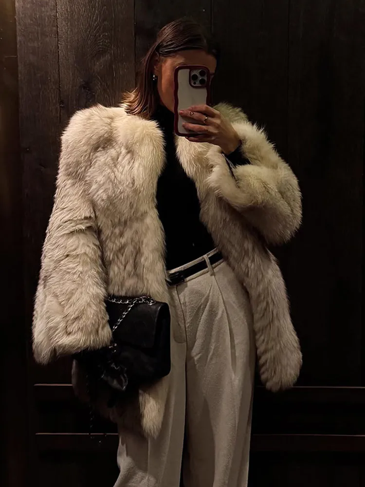 Women Luxurious Gradient Faux Fur Coats Fashion Lapel Long Sleeve Oversize Cardigan Jacket Winter New Thick Female Outerwears