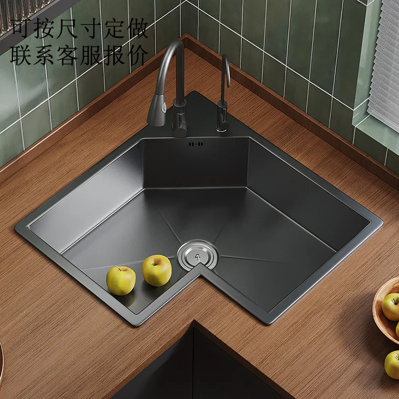 L-Shaped Kitchen Corner Sink, Large Single Bowl Stainless Steel Corner Sink