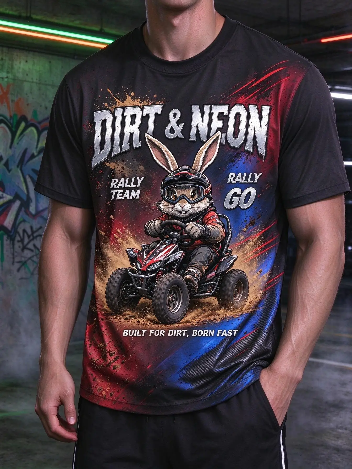 Men T-shirt Dirt & Neon Rally Rabbit ATV Off-road Print Short Sleeve Tee Summer Casual O Neck Tops