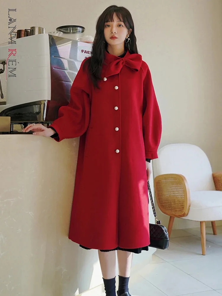 

LANMREM Fashion Red Woolen Long Coat Women Single Breasted Warm Clothing Korean Style Female Autumn And Winter New 2VV385