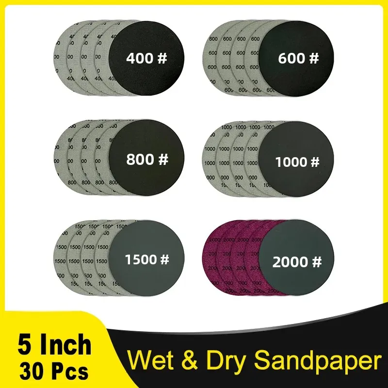 

5 Inch Hook & Loop Wet Dry Sanding Paper Kit 30 Pcs 400-2000 Grit Assorted for Orbital Sander Auto Wood and Metal Polishing