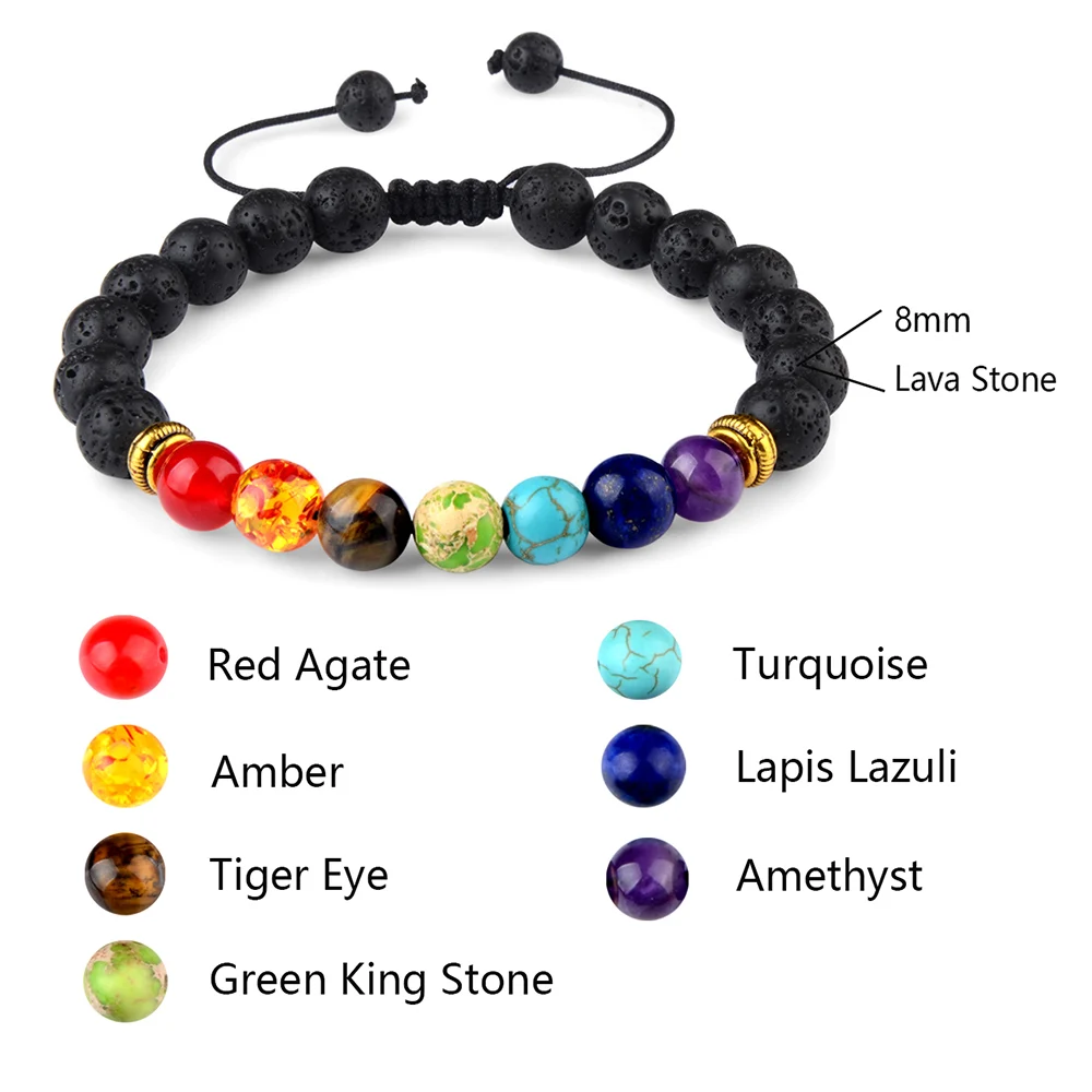 Adjustable Natural Lava  Rock Braided Rope Yoga 7 Chakra Bead Bracelet for Women