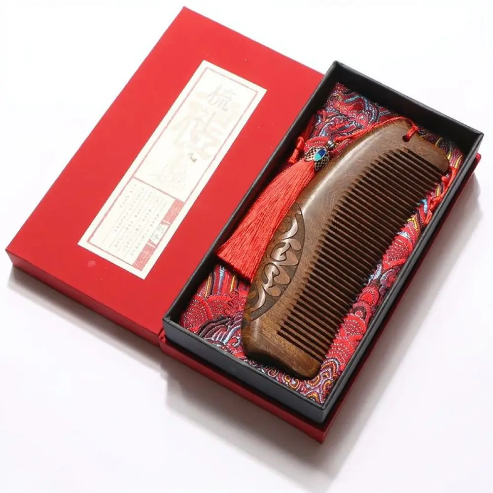 Luxury Wooden Comb Natural Sandalwood Hair Brush Exquisite Carved Massage Tool Travel Hair Care Gift Set Box
