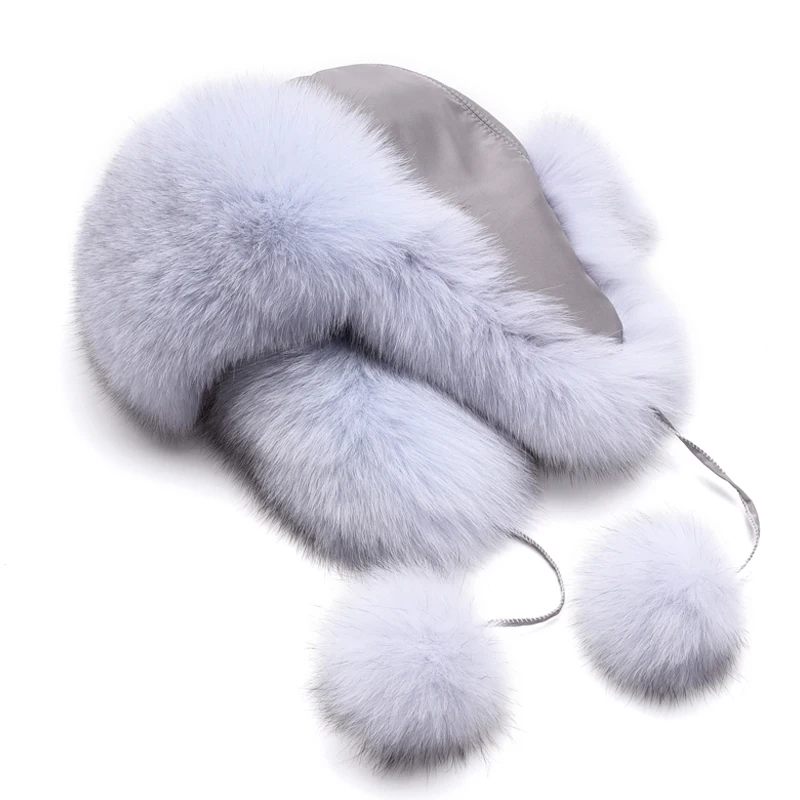 Real Fox Fur Women\'s Hats Russian Ushanka Aviator Trapper Snow Ski Hat Earflap Caps Winter Raccoon Fur Bomaber Hat