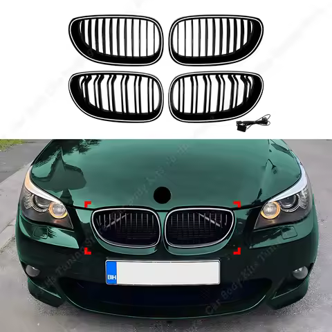 For BMW 5 Series E60 Sedan E61 Touring 2004-2010 Upper Bumper Hood Mesh Grid W/ LED Light Front Kidney Grille Slat Grill Tuning