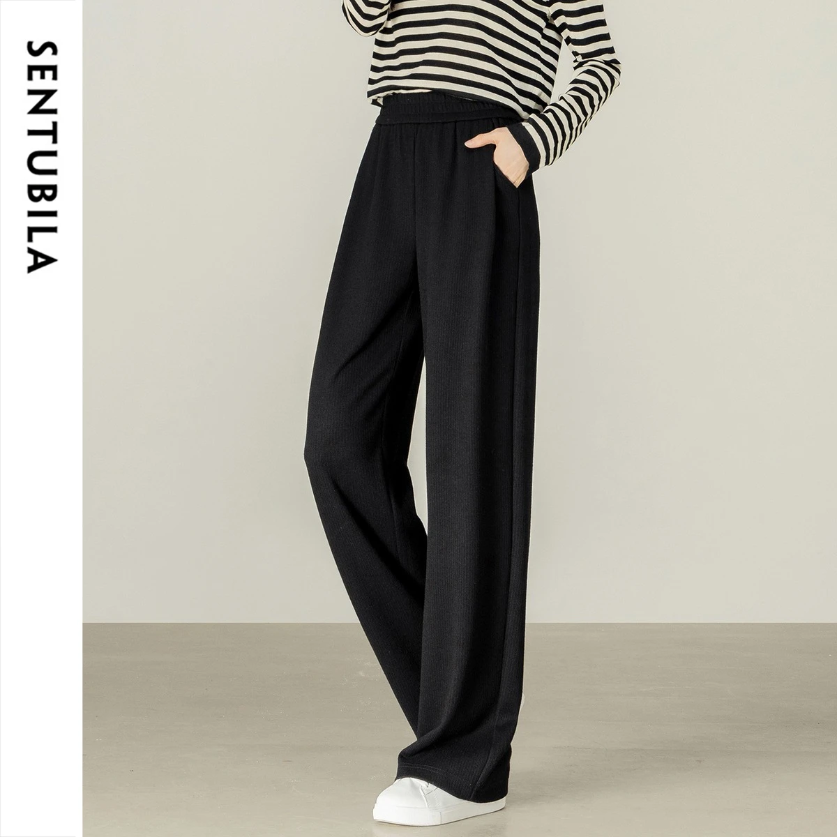 SENTUBILA Women's Knitted Pants Heavy Thick Straight Trousers 2026 Casual Elastic High Waist Ladies Sweat Long Pants 153K80276
