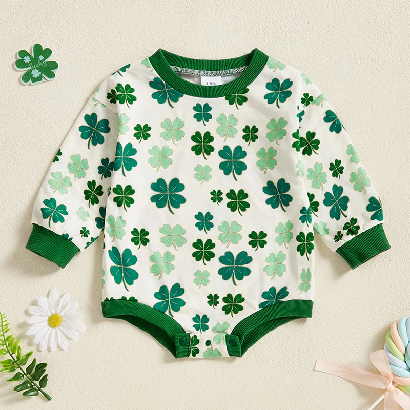 Shamrock Print Infant Jumpsuit Crew Neck Long Sleeve Romper St Patrick s Day Outfit Unisex Baby Irish Clothing