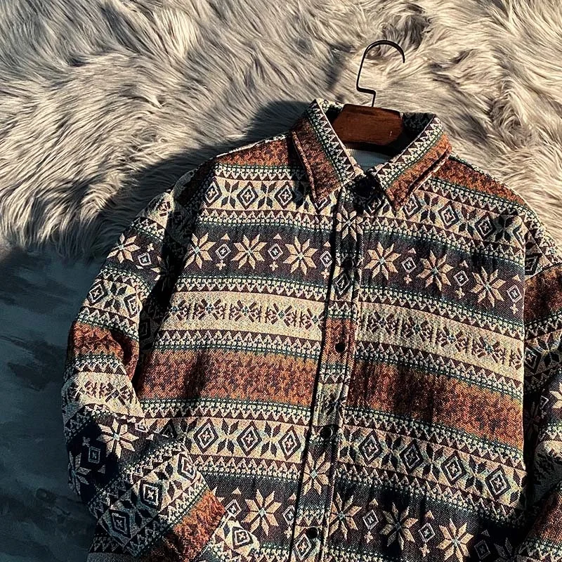 

Loose Long Sve Retro Ethnic Sle irt ex Spring Autumn Trendy Brand Geometric Pattern Square Collar Youth Faion