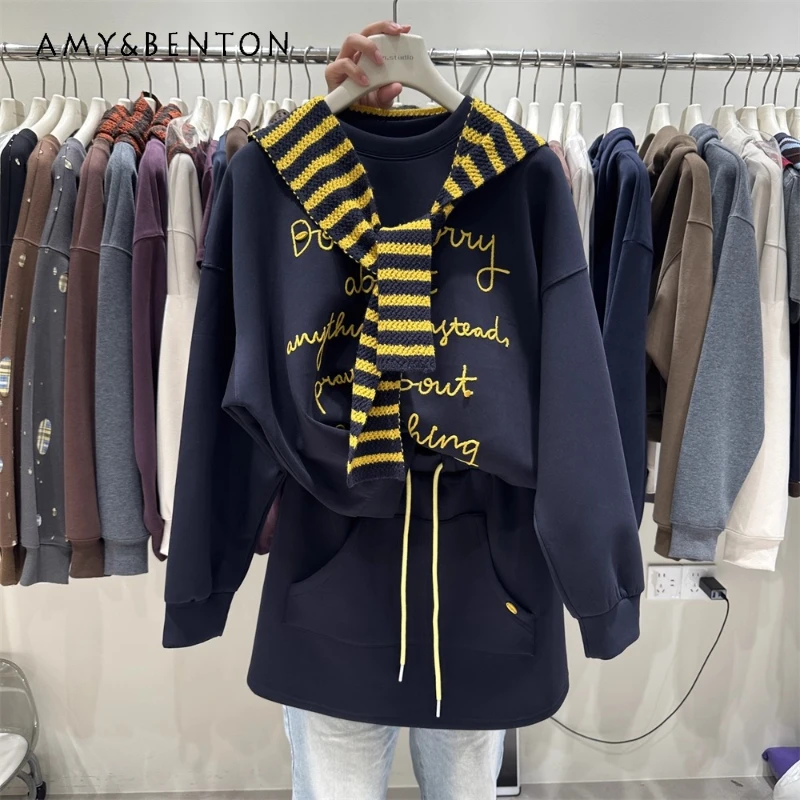 

Oversized Casual Sweatshirts Skirt Suit Women Autumn Winter New Fashionable Versatile Heavy Embroidery Letter Loose 2-Piece Set