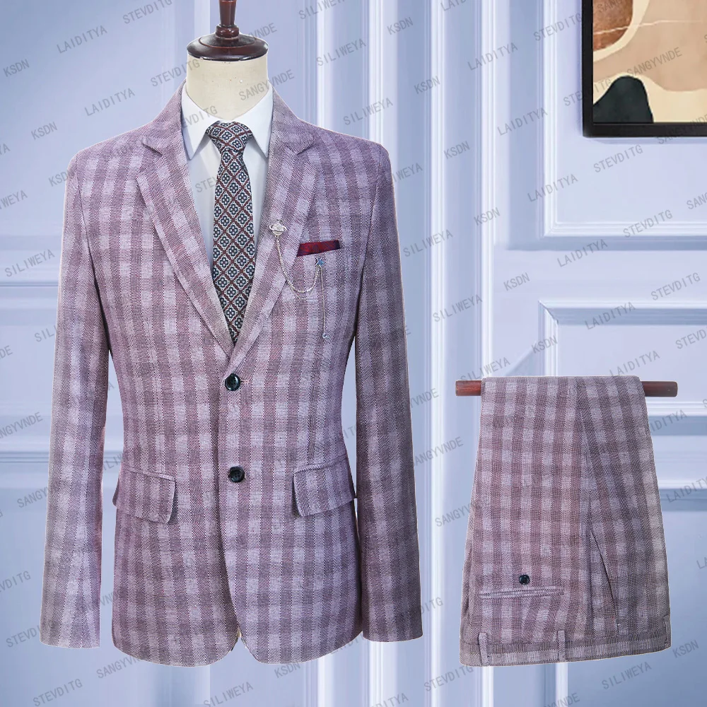 

2023 New Fashion Men Suits Summer Costume Homme Red White Classic Plaid Linen Tuxedos Groom Wedding 2 Pieces Set Jacket Pants