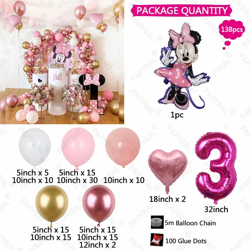 138pcs Disney Minnie Mouse Theme Party Balloon Arch Garland Kit Kids Girls 1-9th Birthday Party Decorations Baby Shower Globos