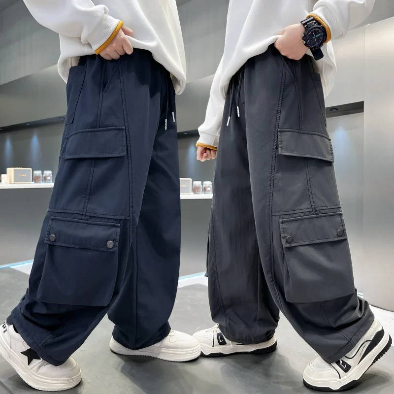 

Korean Child Loose Straight Cargo Type Pants for Boys Casual Cotton Trousers with Side Pocket School Kids Solid Color Sweatpants