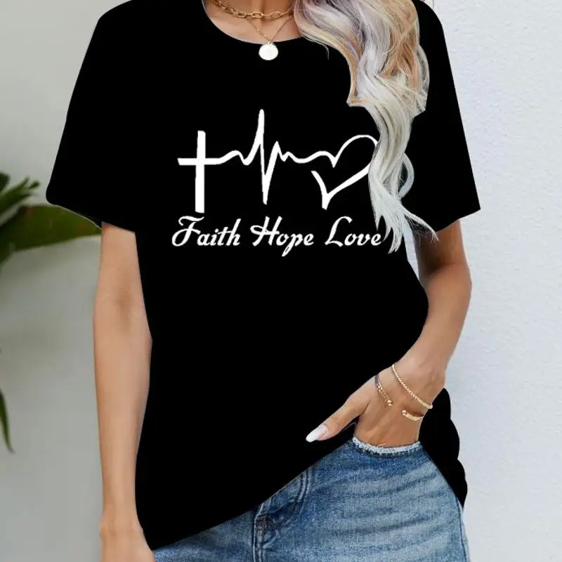 Blusa t camisa feminina fé esperança amor moda preto manga curta camiseta macia e sedosa