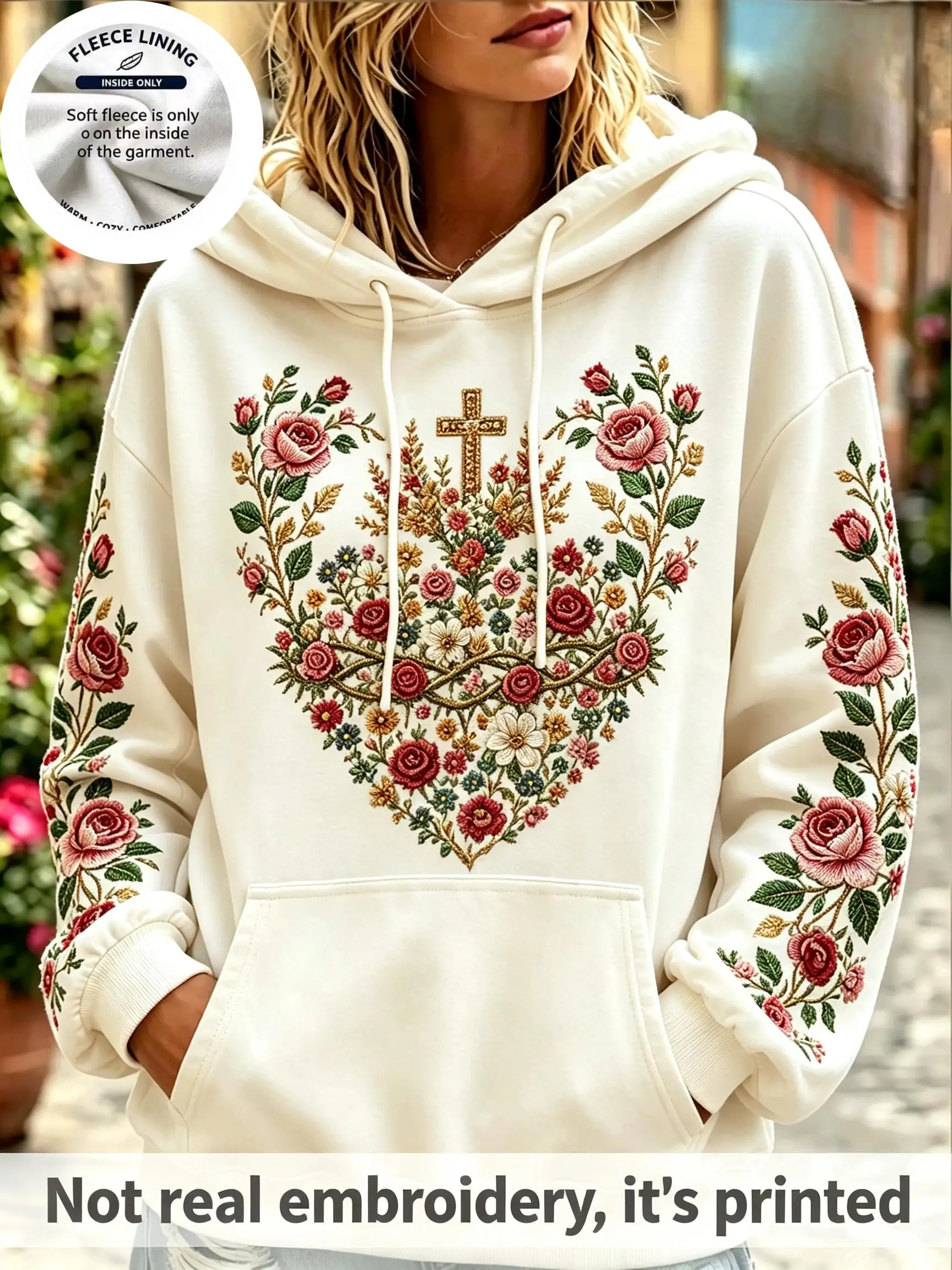 Women Fleece Hoodie, Vintage Floral Heart Cross Owl Fake Embroidery Print Pullover Casual Sweatshirt