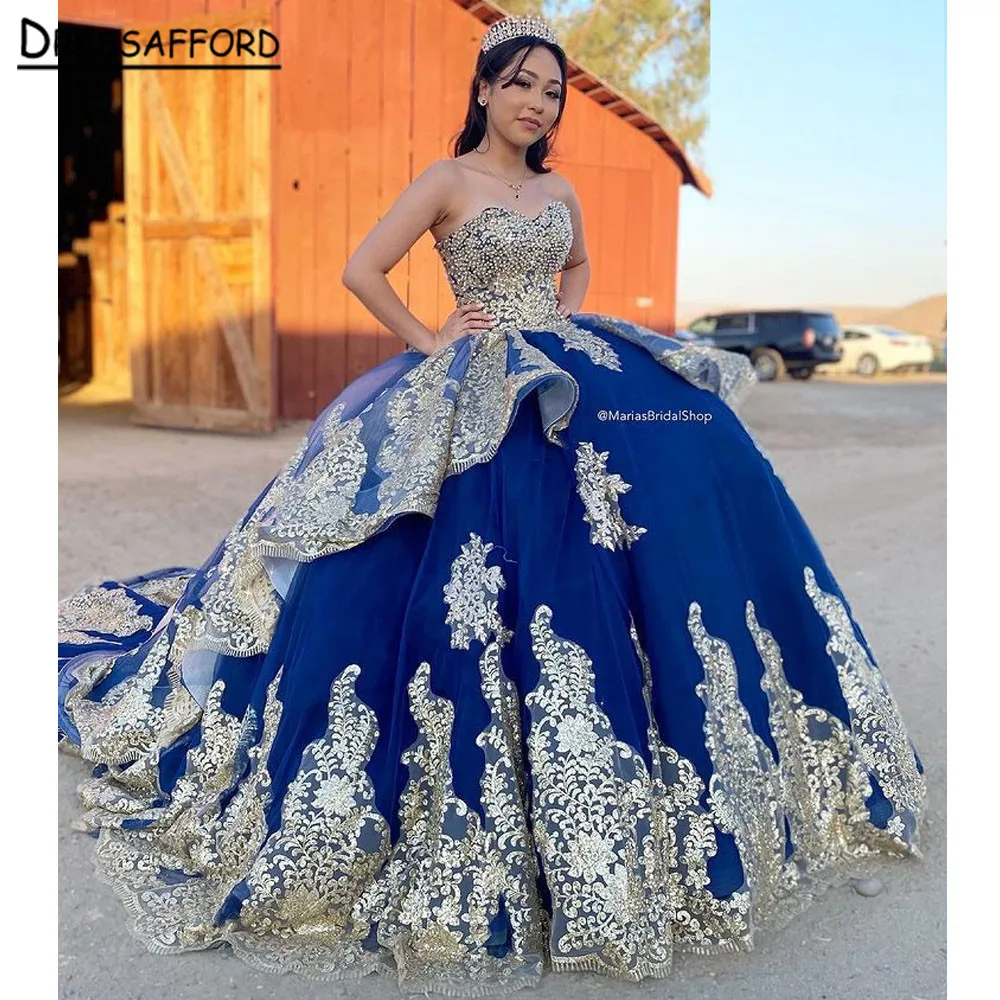 Gaun Quinceanera Sweetheart Biru Royal dengan Renda Berkilauan untuk Gaun Formal Pesta 15 "Gaun Pesta 16" Gaun Gaun Putri Ulang Tahun